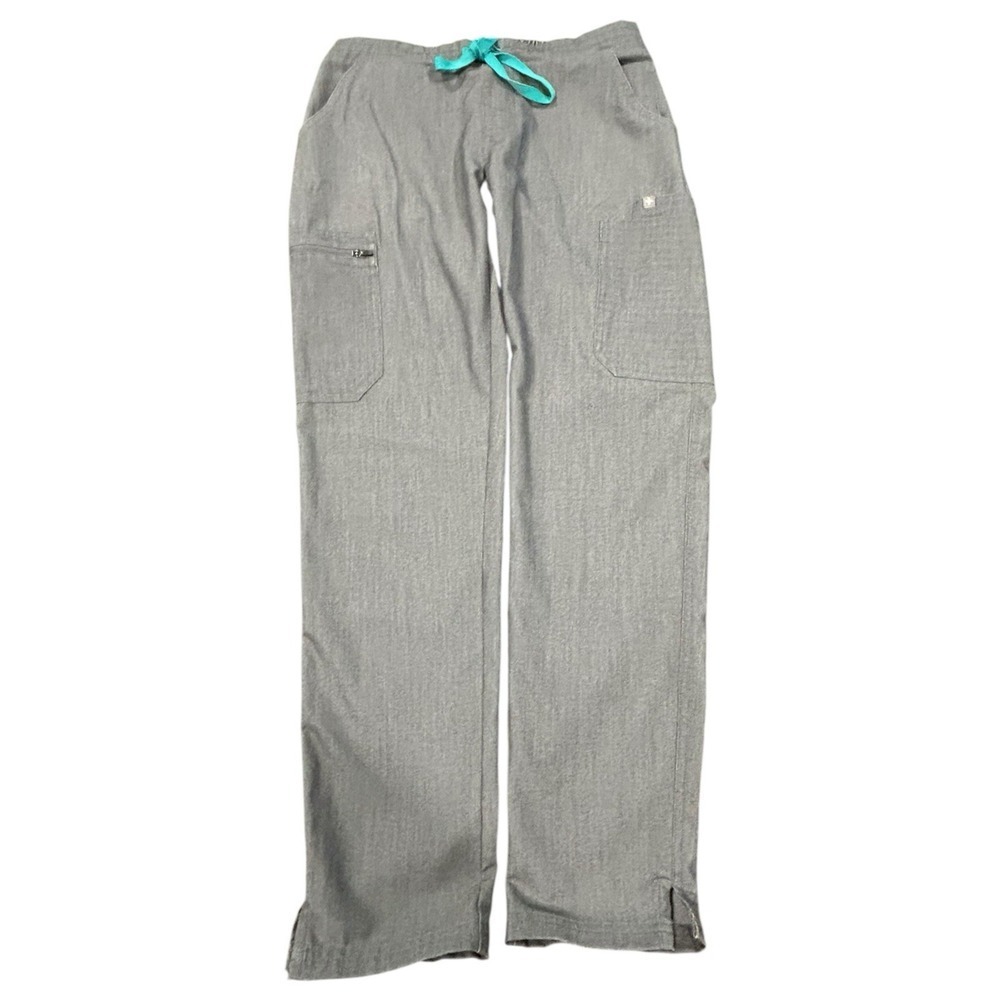 Figs Women's Skinny Scrub Pants in Heather Gray with Teal Drawstring